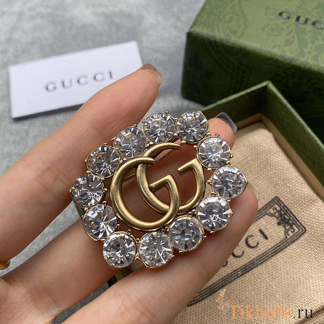 Gucci Metal Double G Brooch With Crystals - 1