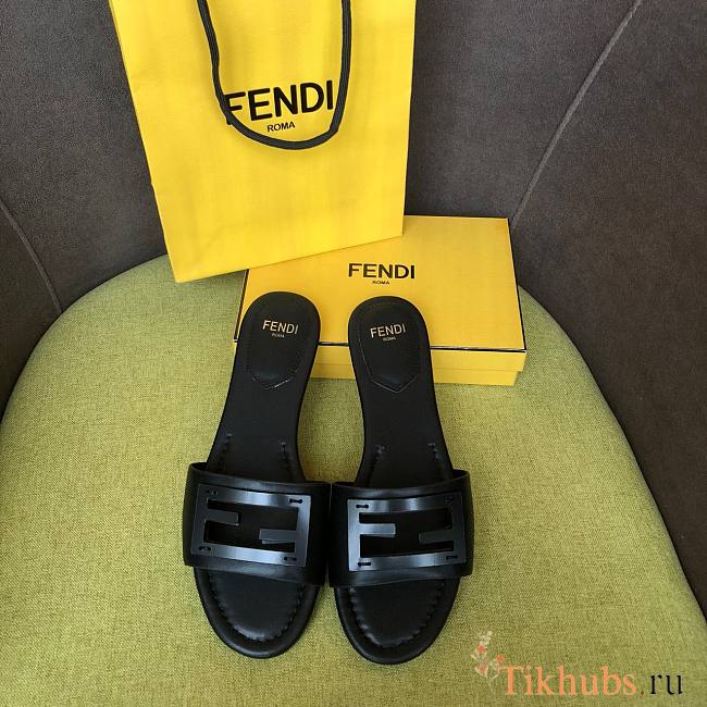 Fendi Baguette Black Leather Slides Black  - 1