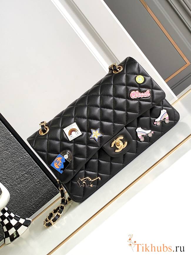 Chanel Flap Bag Black Gold Lambskin 25cm - 1