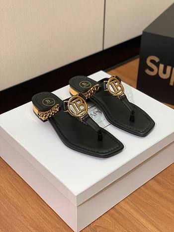 Balmain Black Leather T-Bar Flat Sandals