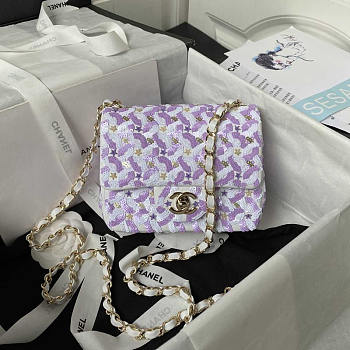 Chanel Mini Flap Bag Satin Sequins Glass beads Purple White 16.5x12.5x6.5cm