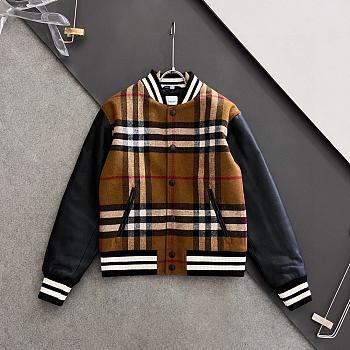 Burberry Checked Wool-Blend Full-Grain Leather Varsity Jacket