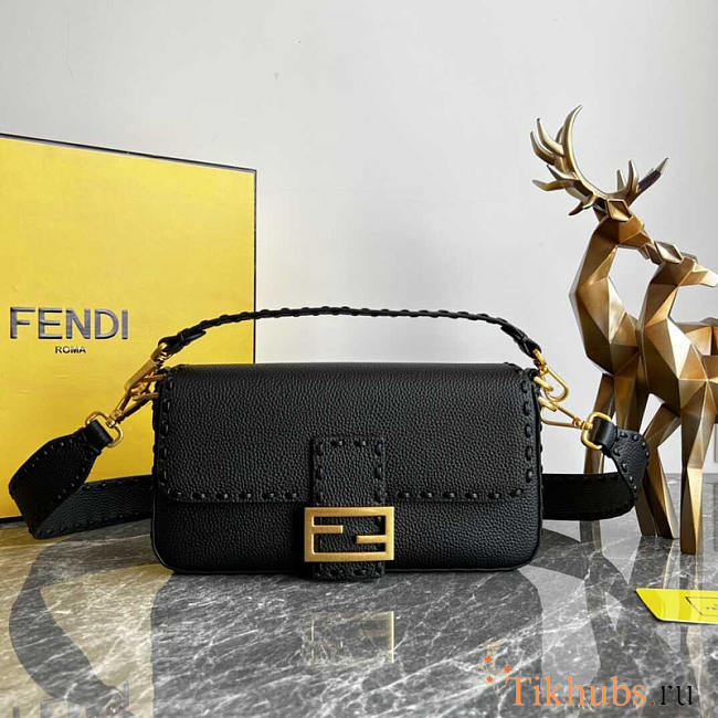 Fendi Baguette Camellia Selleria Bag Black 27x15x6cm - 1