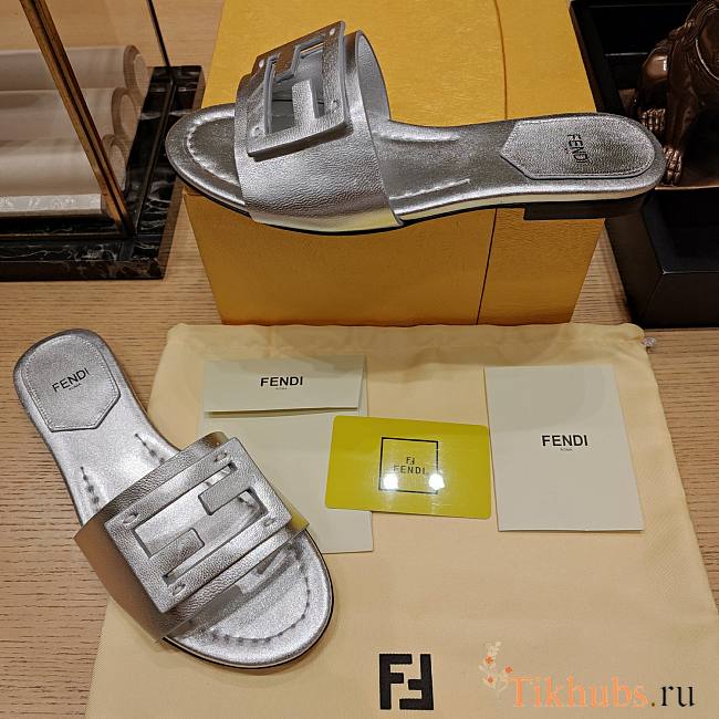 Fendi Baguette Silver Leather Slides - 1