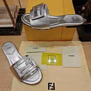 Fendi Baguette Silver Leather Slides - 1