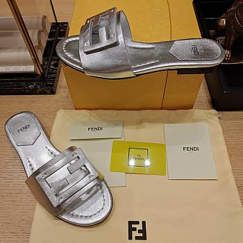 Fendi Baguette Silver Leather Slides