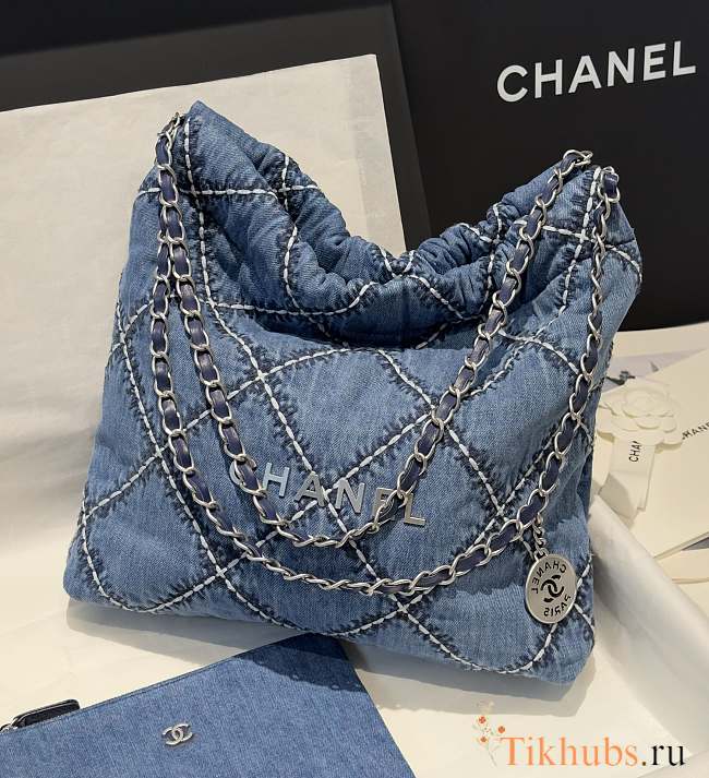 Chanel 22 Small Handbag Stitched Denim Silver 35x37x7cm - 1