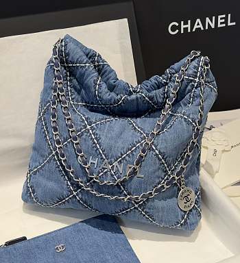 Chanel 22 Small Handbag Stitched Denim Silver 35x37x7cm