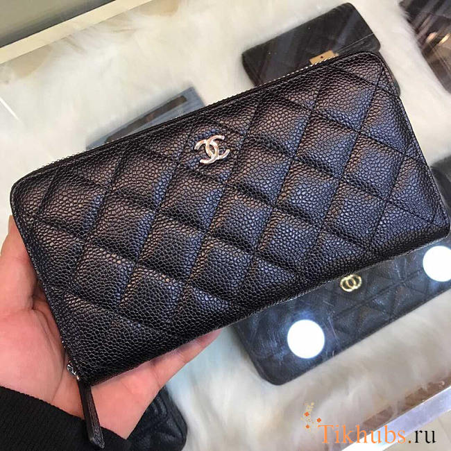 Chanel Long Wallet Zippy Black Silver Caviar 19x10cm - 1