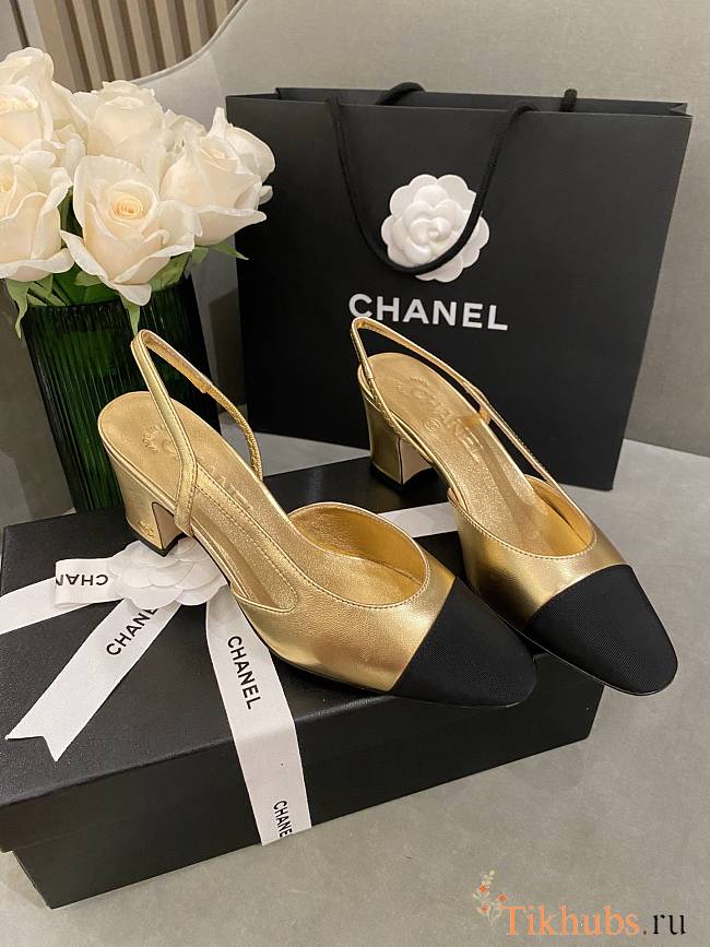 Chanel Slingback Gold Black Heel 5cm - 1