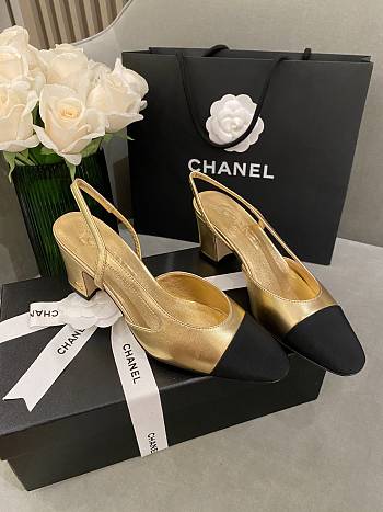 Chanel Slingback Gold Black Heel 5cm