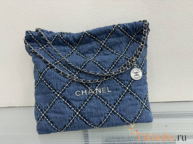 Chanel 22 Handbag Stitched Denim Silver 42x39x8cm - 1