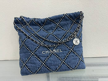 Chanel 22 Handbag Stitched Denim Silver 42x39x8cm