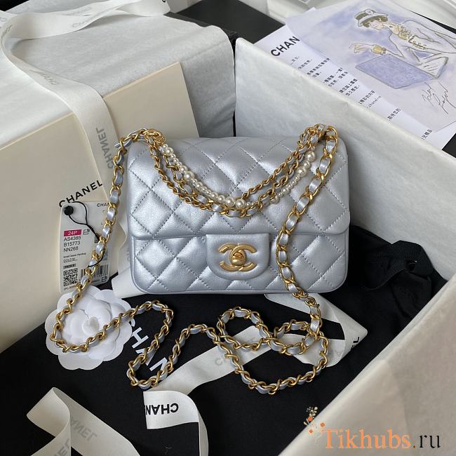 Chanel Mini Flap Bag Lustrous Lambskin Grey Pearls 17x12.5x5cm - 1