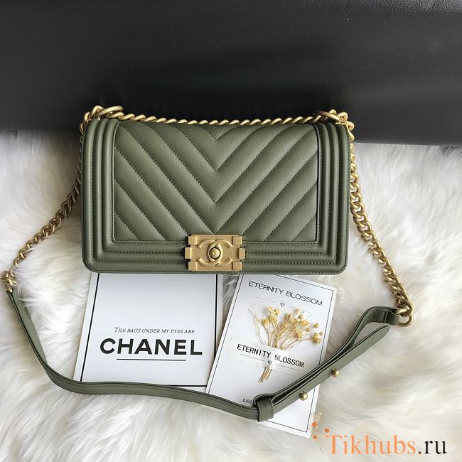 Chanel Leboy Bag Chevron Khaki Green Lambskin Gold 25cm - 1