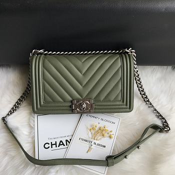 Chanel Leboy Bag Chevron Khaki Green Lambskin Silver 25cm