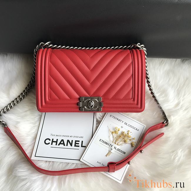 Chanel Leboy Bag Chevron Red Lambskin Silver 25cm - 1