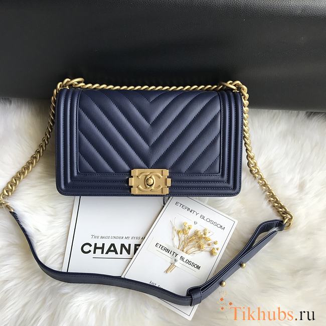Chanel Leboy Bag Chevron Navy Blue Lambskin Gold 25cm - 1