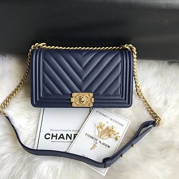 Chanel Leboy Bag Chevron Navy Blue Lambskin Gold 25cm