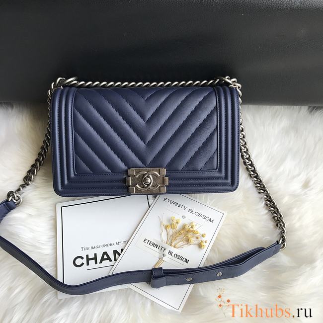 Chanel Leboy Bag Chevron Navy Blue Lambskin Silver 25cm - 1