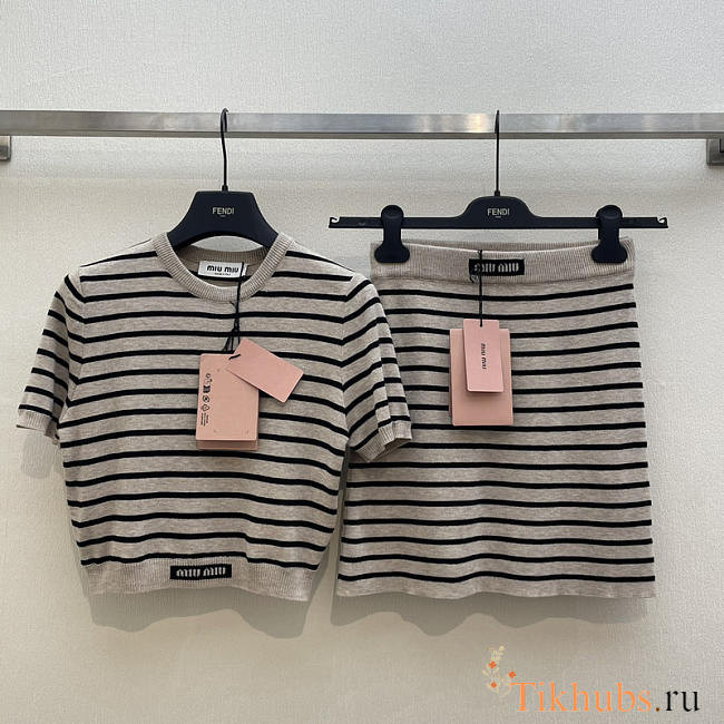 Miu Miu Cotton T-shirt And Mini Skirt Limestone/Black - 1