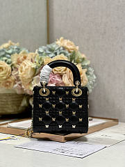 Dior Mini Lady Bag Black Gold-Finish Butterfly Studs 17cm - 3
