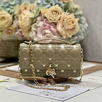 Dior Mini Miss Dior Bag Beige Gold Butterfly Studs 21x11.5x4.5cm