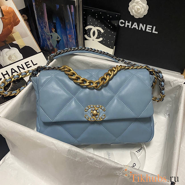 Chanel 19 Large Flap Bag Blue Gold Lambskin 30cm - 1