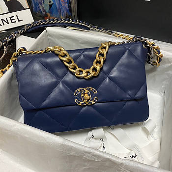 Chanel 19 Large Flap Bag Navy Blue Gold 30cm
