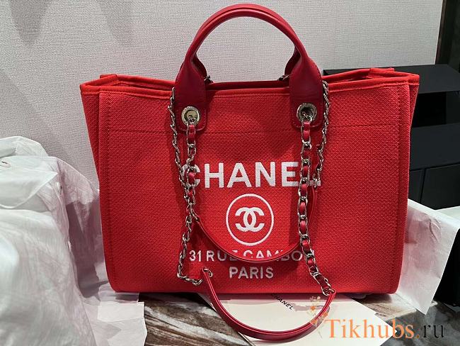 Chanel Shopping Tote Bag Canvas Red 38cm - 1