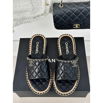 Chanel Lambskin Quilted CC Slides Black