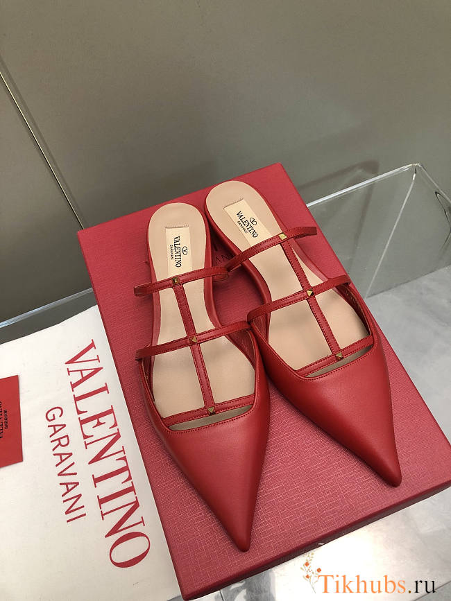 Valentino Garavani Smooth Leather Rockstud Red Wispy Mules - 1