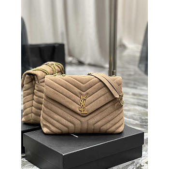 YSL Loulou Shoulder Bag Beige Suede Gold 32x22x11cm