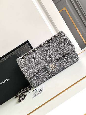 Chanel Classic Bag 11.12 Tweed Fabric Silver Black White 25cm