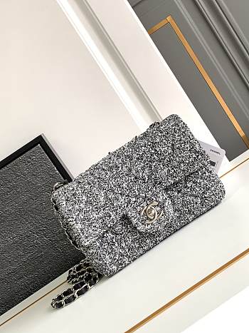 Chanel Classic Bag 11.12 Tweed Fabric Silver Black White 20cm
