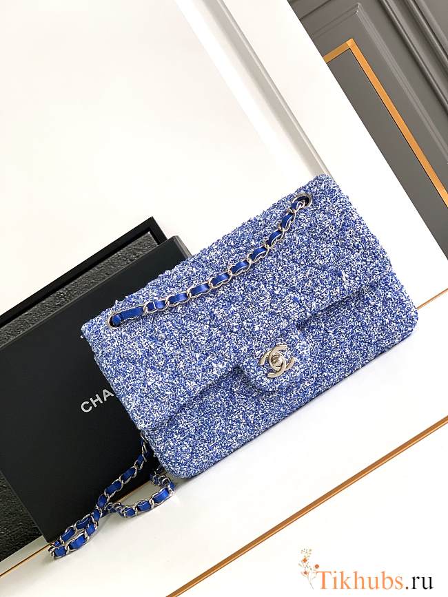 Chanel Classic Bag 11.12 Tweed Blue Fabric Silver Black 25cm - 1