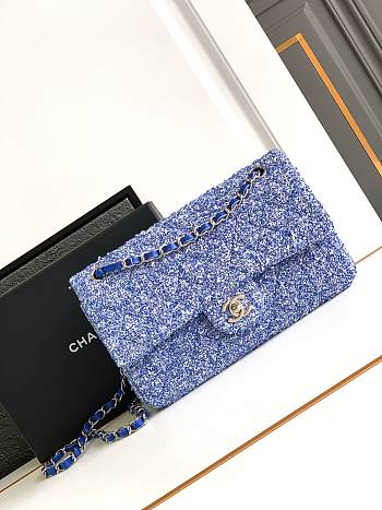 Chanel Classic Bag 11.12 Tweed Blue Fabric Silver Black 25cm