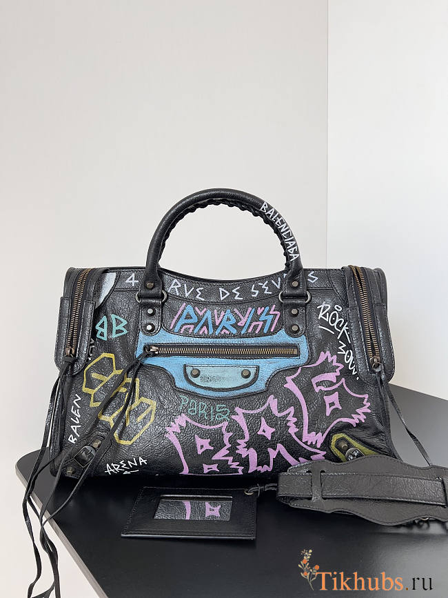 Balenciaga Black Graffiti Leather City Tote 38x14x24cm - 1