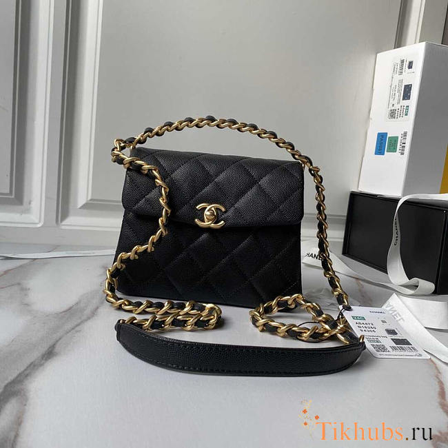 Chanel Flap Bag Handle Black Gold Caviar 18cm - 1