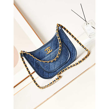 Chanel Hobo Handbag Gold Metal Blue 24x20x6cm