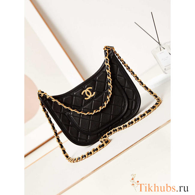 Chanel Hobo Handbag Calfskin Gold Metal Black 24x20x6cm - 1