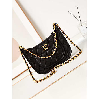 Chanel Hobo Handbag Calfskin Gold Metal Black 24x20x6cm