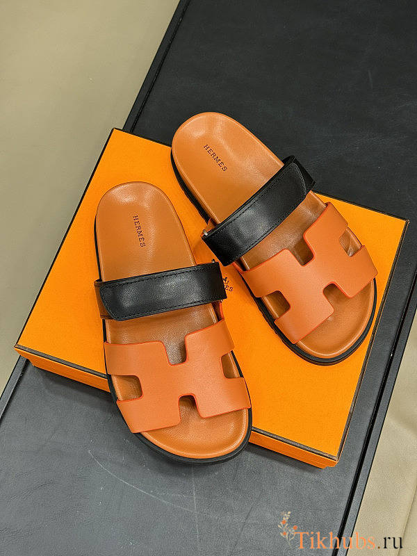 Hermes Chypre Orange Black Sandal - 1