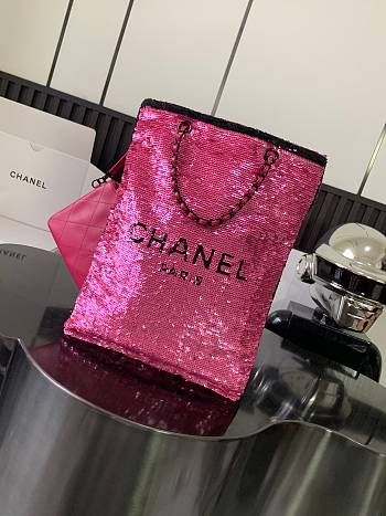 Chanel Shopping Bag Sequins Black Dark Pink 39x20x2cm