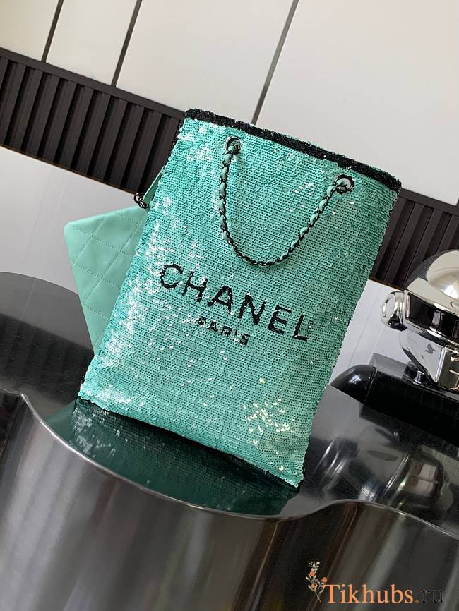 Chanel Shopping Bag Sequins Green Black 39x20x2cm - 1