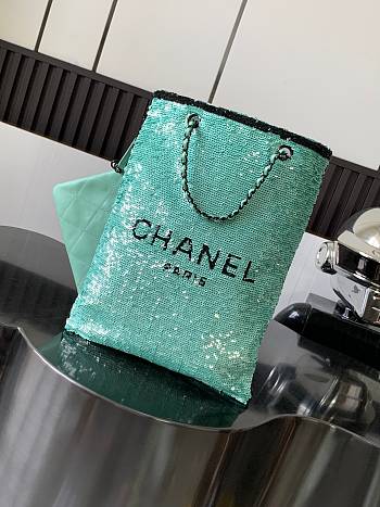 Chanel Shopping Bag Sequins Green Black 39x20x2cm