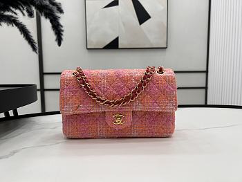 Chanel Medium Flap Bag Tweed Gold Orange Pink 25cm