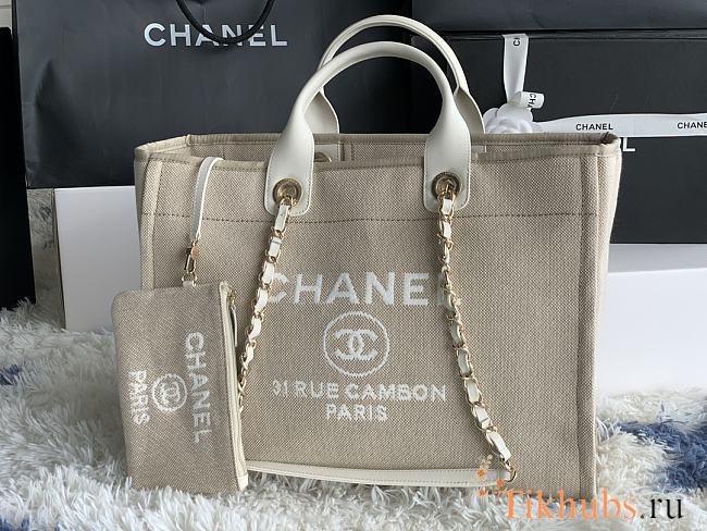 Chanel Shopping Tote Canvas White Handle 38x22x13cm - 1