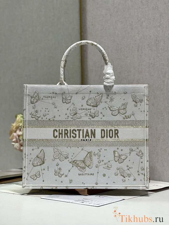 Dior Large Book Tote Gold Tone and White Butterfly 42cm - 1