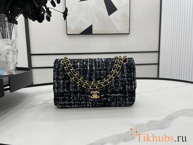 Chanel Medium Flap Bag Black Tweed Gold 25cm - 1